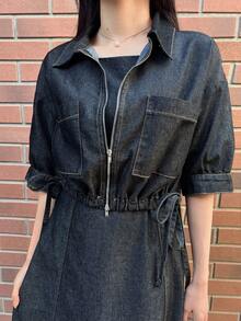 FRIFUL Women's Pleated Dress And Zipper Front Mid-Sleeve Jacket Fashion Casual Denim Outfit - Blue - View 8