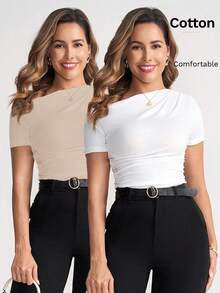 Ellevyn Camiseta elegante de punto elástico de manga corta con pliegues asimétricos y unicolor para mujer, primavera/verano - Albaricoque - Ver 2