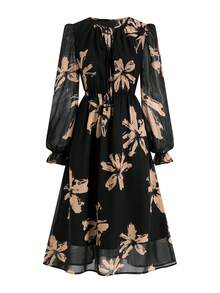 Ellevyn Women's Casual Floral Print Front Tie Knot Round Neck Long Sleeve Dress - Black - View 6