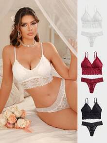 SHEIN 3-Piece Lace Elegant Romantic Set, 6pcs/Set - Multicolor - View 1