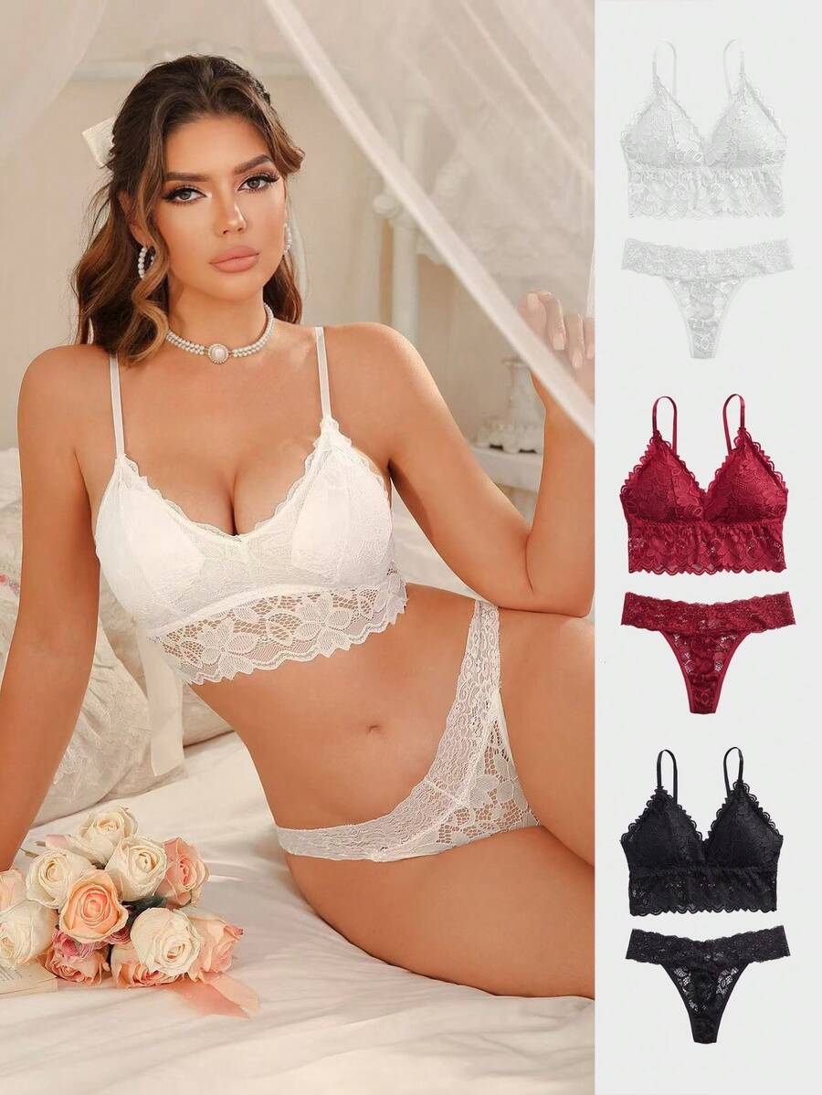 SHEIN 3-Piece Lace Elegant Romantic Set, 6pcs/Set - Multicolor - View 1