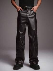 STYNVO Men's Fashion Party & Banquet Minimalist PU Leather Straight Leg Pants, Without Belt - Coffee Brown - View 4