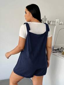 SHEIN EZwear 大码纯色无袖休闲抽绳宽松藏蓝色梭织连体裤（女款） - 藏蓝色 - 查看 3