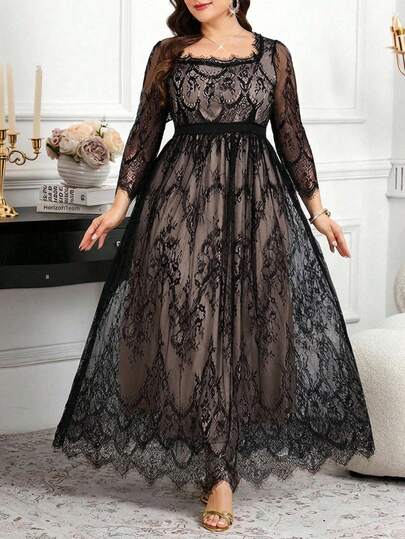 Reflora 大码女士蕾丝方领七分袖优雅连衣裙