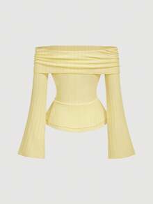 SHEIN MOD Women's Elegant Solid Color Off Shoulder Flare Sleeve T-Shirt - Yellow - View 2