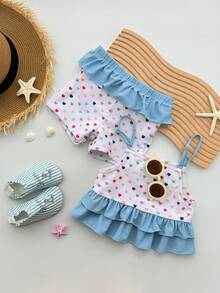 Dazy Kids Bộ đồ bơi 2 mảnh in hình trái tim, viền bèo nhún dành cho bé gái - Màu xanh lam - Xem 2