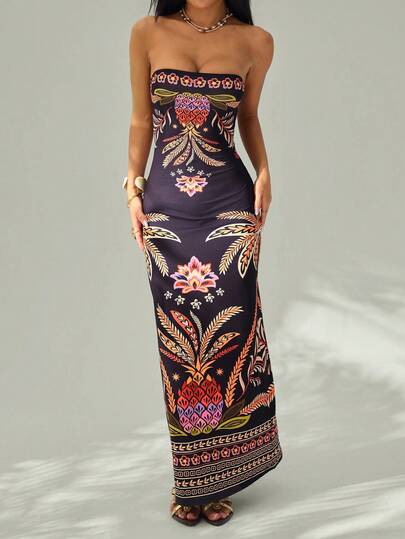 SHEIN PETITE Women's Tropical Plant Print Fitted Camisole Dress, Suitable For Vacation, Back To School, Casual, Office, And Date Wear