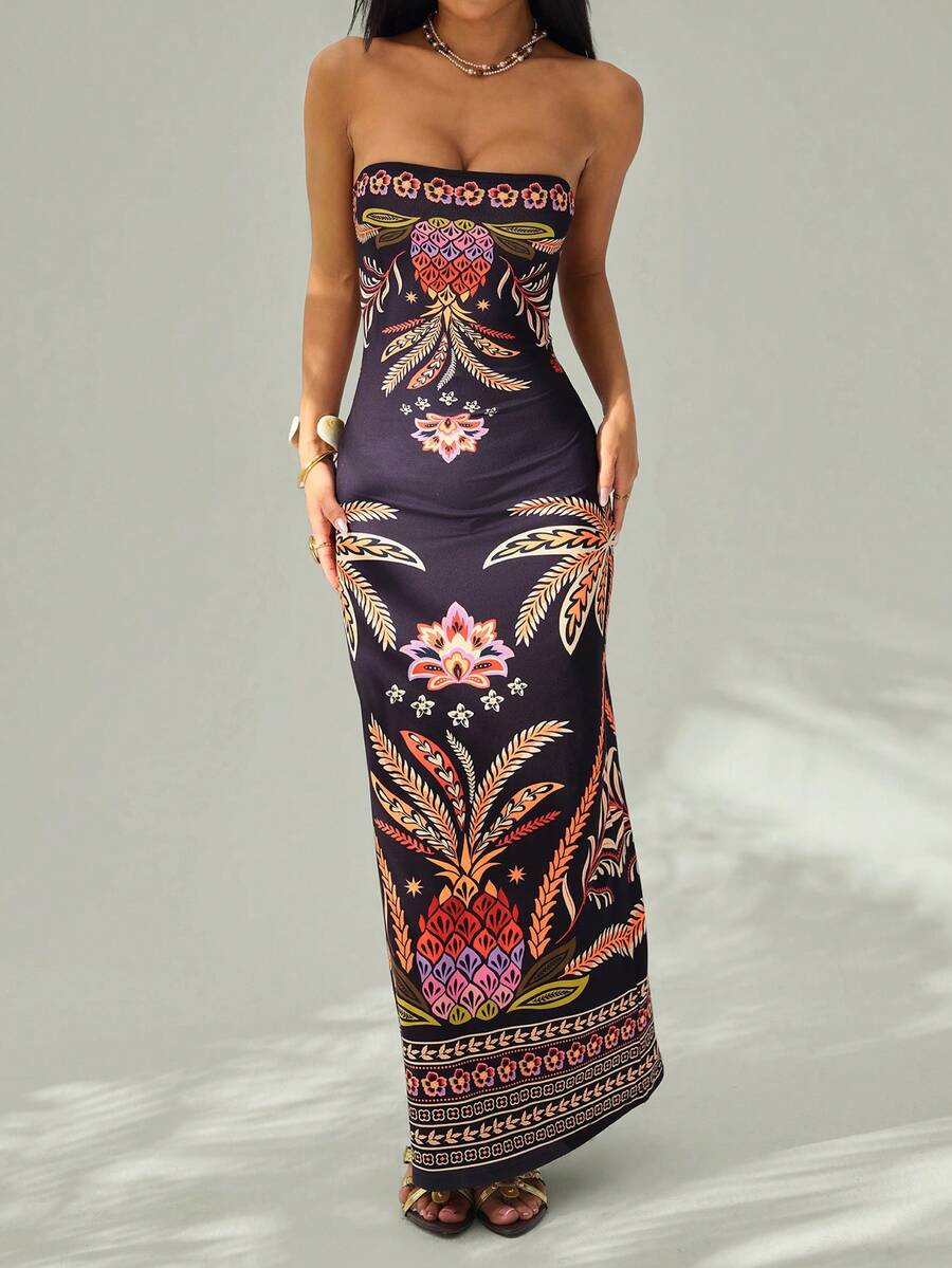 SHEIN PETITE Women's Tropical Plant Print Fitted Camisole Dress, Suitable For Vacation, Back To School, Casual, Office, And Date Wear - Multicolor - View 1