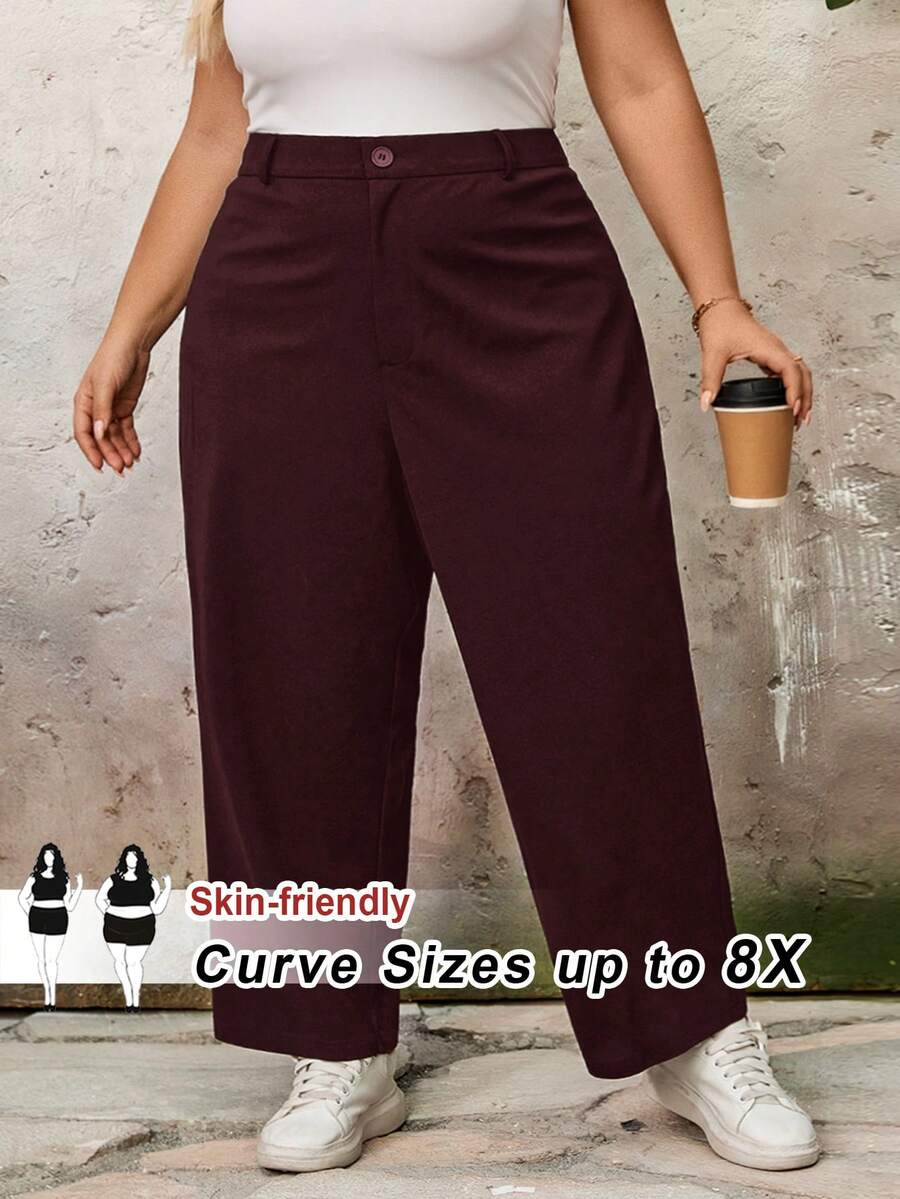 SHEIN CURVE+ Pantaloni conici la gleznă, de culoare solidă, pentru femei, mărime plus, pentru absolvire casual de lucru/absolvire. - Violet Roșu - Vizualizare 1