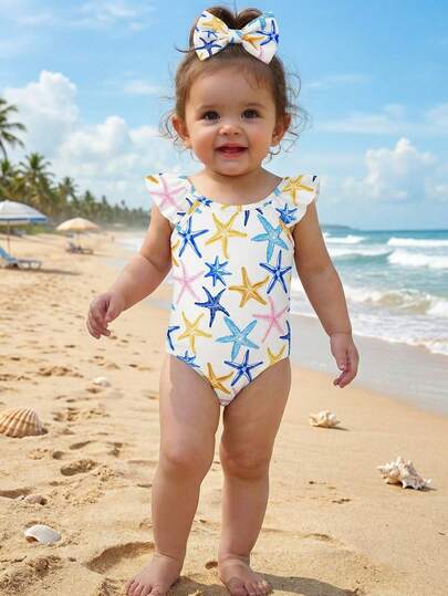 SHEIN Traje de baño de una pieza con tirantes finos, estilo casual y ajustado para niñas, con estampado de estrellas de mar coloridas, adecuado para vacaciones de playa, #Coconutgirl