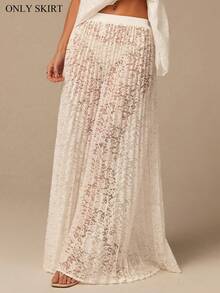 COSMINA Women's Elastic Waist Floral Lace Ruffle Fashionable Sexy Skirt, Elegant Ladies Skirt, Lace Pleated Skirt, White Skirt, Sexy Sheer Skirt, Summer Vacation Lace Skirt, Beach Skirt - White - View 1