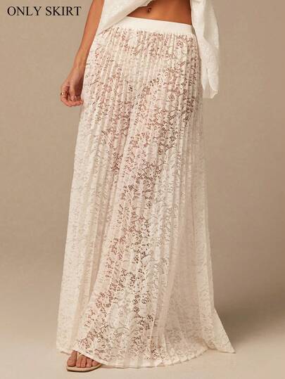 COSMINA Gonna con vita elastica, con fiori, pizzo e volant, elegante e sexy per le donne. Gonna plissettata in pizzo, bianca, trasparente e sensuale, adatta per vacanze estive e spiaggia.