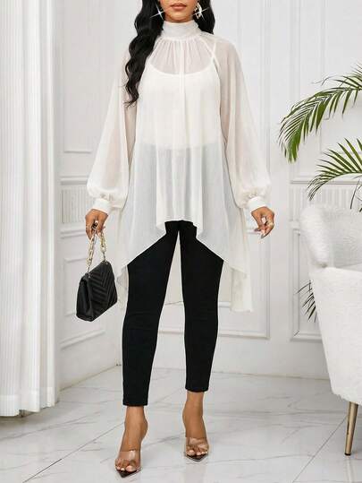 SHEIN Lady Women's Solid Color High Neck Raglan Sleeve Lantern Sleeve Asymmetrical Hem Blouse