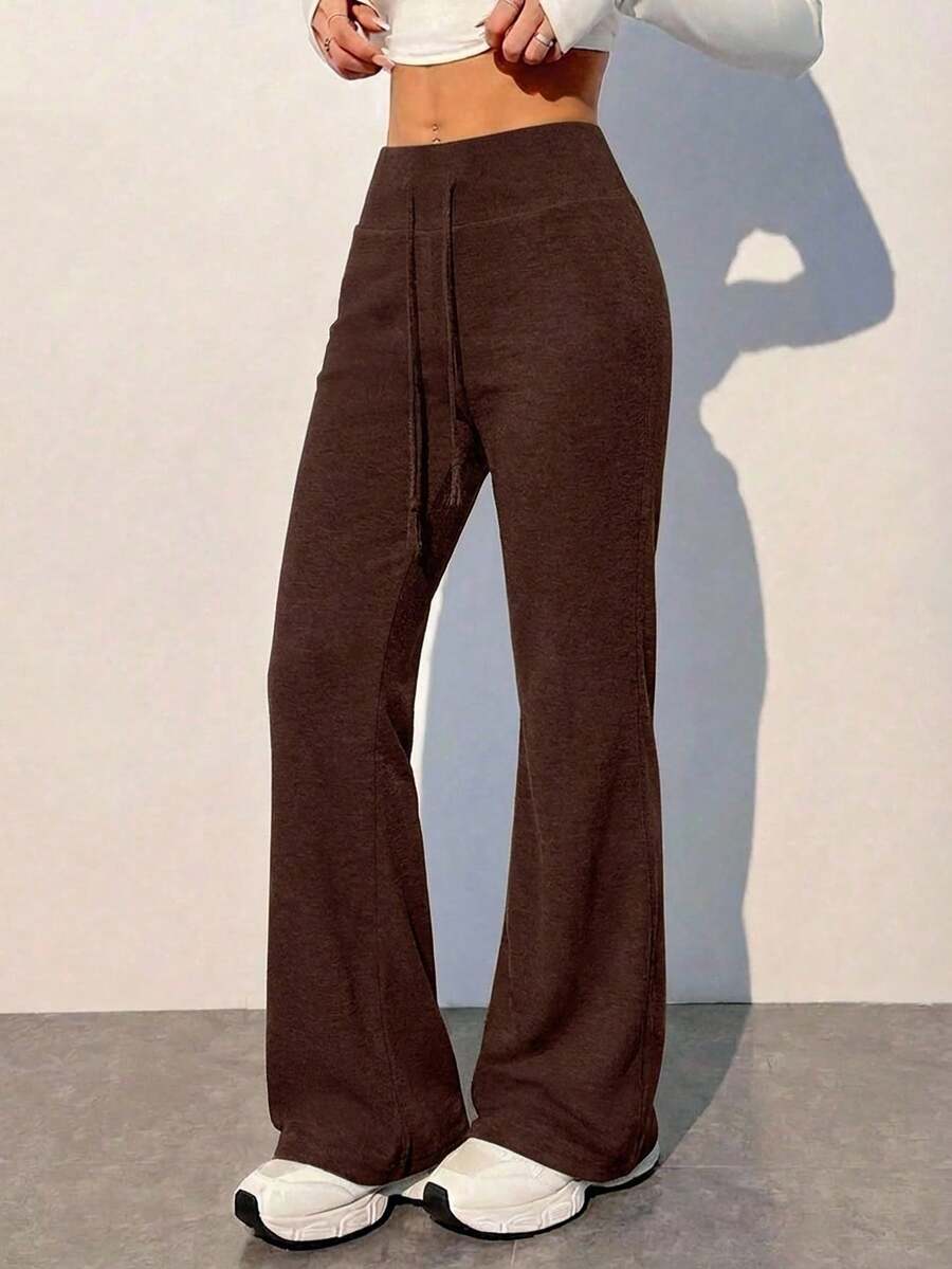 EURMUSE Drawstring Waist Flare Leg Sweatpants - Brown - View 1
