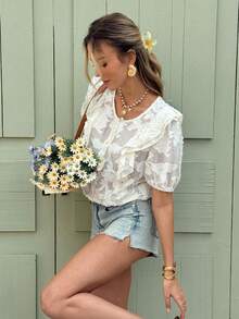 SHEIN Frenchy Women's Elegant Round Neck Cutout Ruffle Trim Solid Color Short Sleeve Cut Flower Chiffon Shirt Casual Shirt, Vacation Style,Acquard Textured Babydoll,Romantic Jacquard Flower Summer Tops,Ruffled Top, For Everyday Wear,French Holiday Casual Outfits,Summer Tops,Summer, Valentine's Day, Carnival, Party ,Wedding ,Birthday, Elegant ,Vacation, Casual ,Summer Tops ,Fasching Women Costume - Apricot - View 2