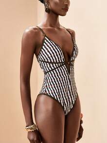 Zivah 2026 Spring/Summer Vacation Beach Striped Print Tie-Front Backless One-Piece Swimsuit - Brown - View 5