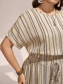 Comfylo 2pcs/Set Plus Size Striped Outfit,Round Neck Batwing Blouse & Wide Leg Pants,Beige Summer Smart Casual Vacation Drawstring Waist Co Ord Sets For Women - Multicolor - View 6