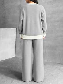 EURMUSE 2 Pcs, Blok Collar Sweatshirts & Pants - Light Grey - View 2