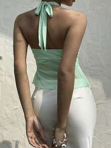 MainGRL Áo tank top nữ màu xanh bạc hà hở lưng, có bèo nhún, trang trí kim loại, vạt áo bất đối xứng, kiểu dáng thời trang đa năng, thích hợp cho kỳ nghỉ xuân/hè. - Màu xanh Bạc hà - Xem 2