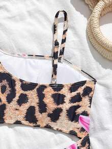 Leopard & Tropical Print Tween Girls' Cutout One-Piece Sleeveless Swimsuit, Summer Beach - Multicolor - View 5