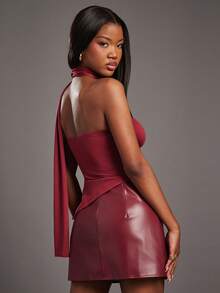 NYA SZN 无袖不对称下摆流苏串珠修身围巾式上衣，红色，节日假日圣诞节新年除夕复活节温暖天气约会性感场合活动派对酷女孩奢华女装 - 紅色 - 查看 2