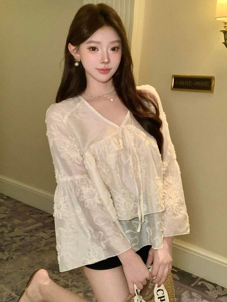 White Organza Lace Blouse, Hollow Out Design, Suitable For Spring/Summer, Valentine's Day, Wedding, Fashion Party, Music Festival, Casual Beach Vacation, Front & Middle Tie-Up, Ruffle Hem Splice Women Shirt