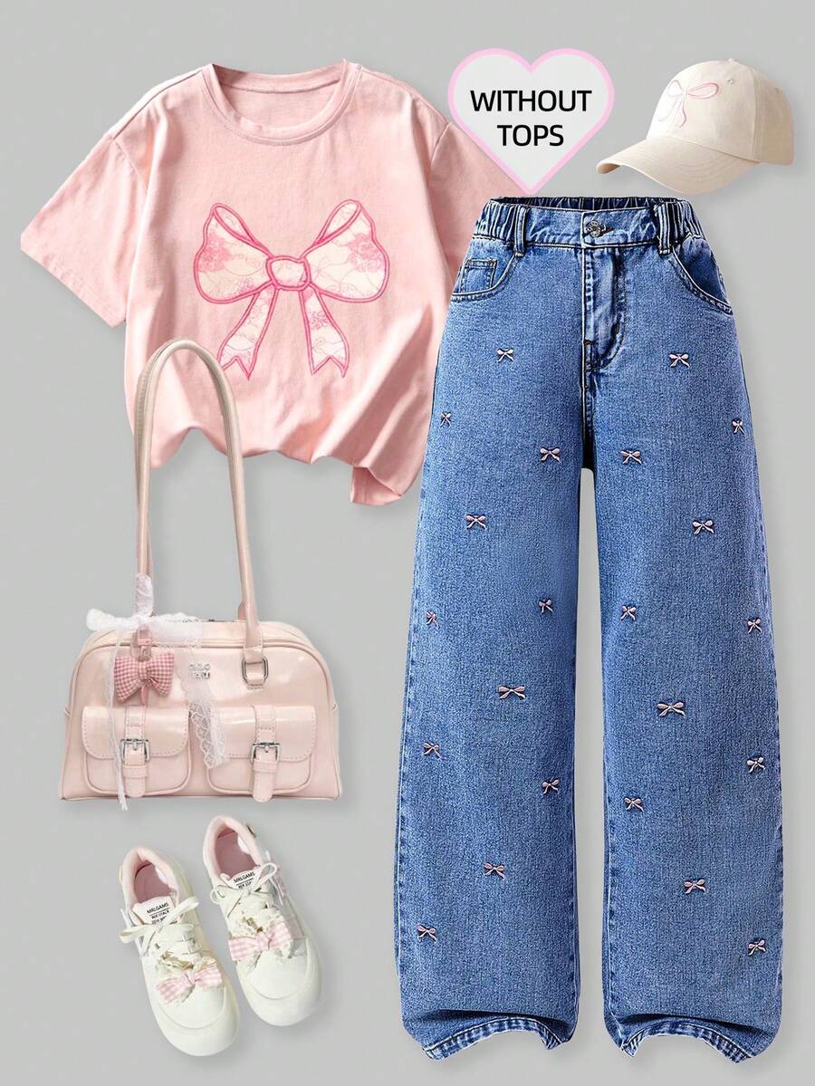 Sparklyn 女童蝴蝶刺绣直筒牛仔裤 - 藍色 - 查看 1