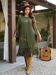 SHEIN LUNE Plus Size Casual Solid Color Fringe Trim Dress Fringe Dress Fringe Outfits Women Green Dress Green Dresses For Women Modest Dress Abaya Dress فساتين ساتره Casual Outfit For Women Casual Long Dress Casual Dress Casual Dresses Casual Dress For Women Vacation Outfits Women Summer Holiday Outfits Beach Vacation Outfits For Women Vacation Dresses Going Out Outfits Beach Outfit For Women Beach Vacation Outfits For Women Beach Dresses Easter Dress Women Spring Outfit Summer Outfits Fringe Dress For Wom - Army Green - View 6