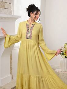 SHEIN Najma Romantic Elegant Yellow Stand Collar Flare Sleeve Ruffle Hem Dress, Spring/Summer - Yellow - View 3