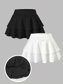 2件套少女休闲百搭日常居家运动瑜伽健身学校服多层修身针织迷你裙，春夏款 - 彩色 - 查看 1