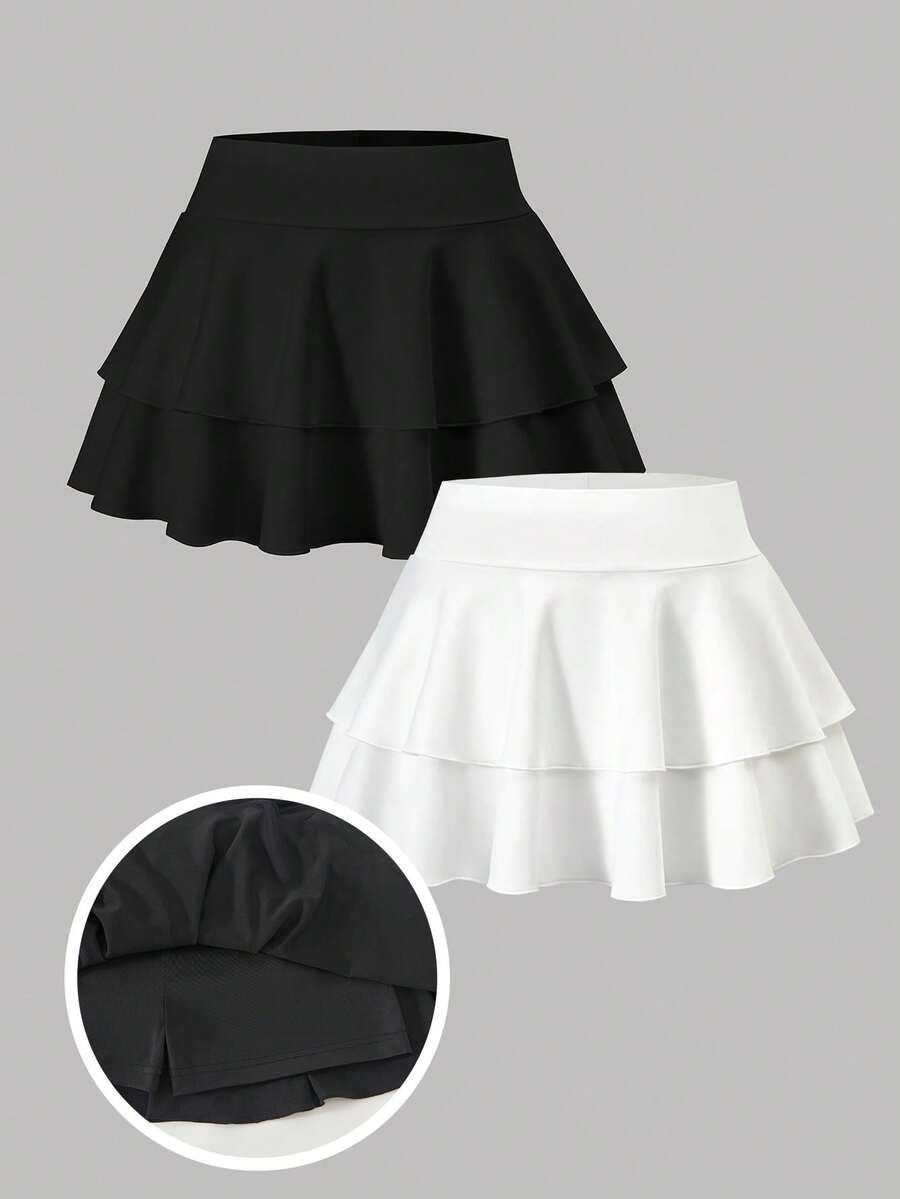 2件套少女休闲百搭日常居家运动瑜伽健身学校服多层修身针织迷你裙，春夏款 - 彩色 - 查看 1