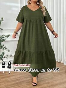 SHEIN CURVE+ Váy Maxi Đi Biển Cỡ Lớn Phong Cách Boho Mùa Hè/Đồng Quê/Trang Phục Kỳ Nghỉ Biển/Trang Phục Bãi Biển/Trang Phục Bãi Biển - Màu xanh lá cây đậm - Xem 10