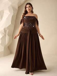 Coutiva 大码露肩褶裥鱼尾正式晚礼服，优雅精致 - 棕色 - 查看 4