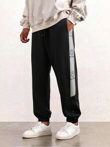 Manfinity Hypemode Men's Letter & Smiling Face Print Drawstring Waist Knit Jogger Pants - Black - View 5