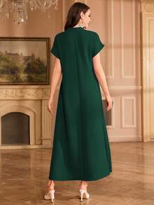 Al Najma Embroidered Collar Floral Raglan Sleeve Stand Collar Elegant Dress - Dark Green - View 2
