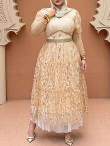 Dazy Plus Plus Size Women's V-Neck Contrast Color Leaf Embroidery Waist Cinched Party Dress, Spring/Summer Sundress - Gold - View 4