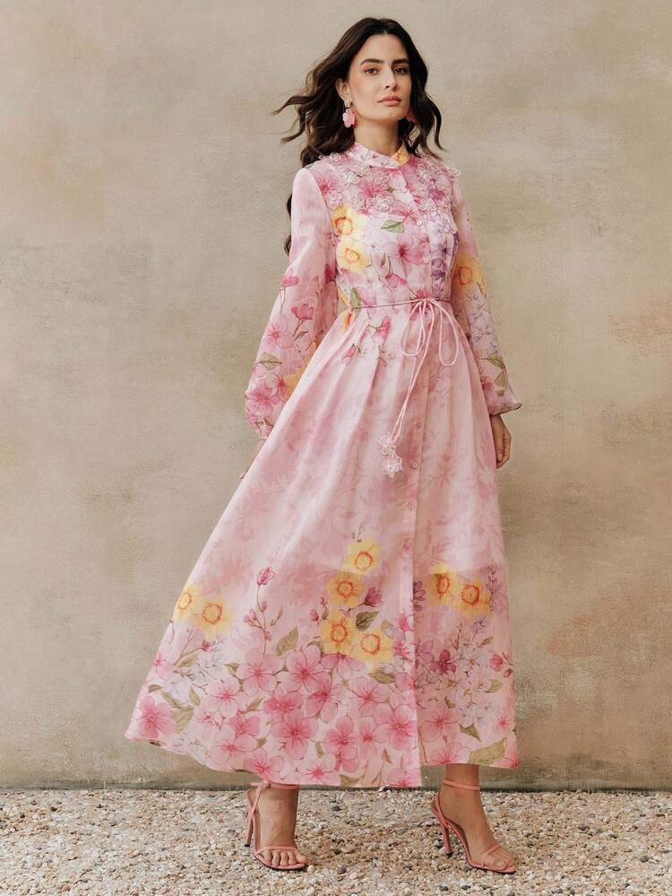 Vestido camisero de manga larga con cuello mao, estampado floral 3D elegante, con tirantes desmontables y cinturón para la cintura, nuevo para primavera, para mujer