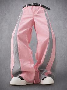 Manfinity Denimwave Quần jeans nam ống rộng phối màu tương phản, kiểu dáng thoải mái, đa năng; Quần dài nam màu hồng dáng rộng; Quần kẻ sọc nam. - Rửa nhẹ - Xem 3