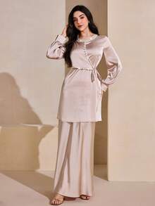 Graceveil Satin Beaded Tie Waist Long Sleeve Elegant Blouse For Women - Champagne - View 6