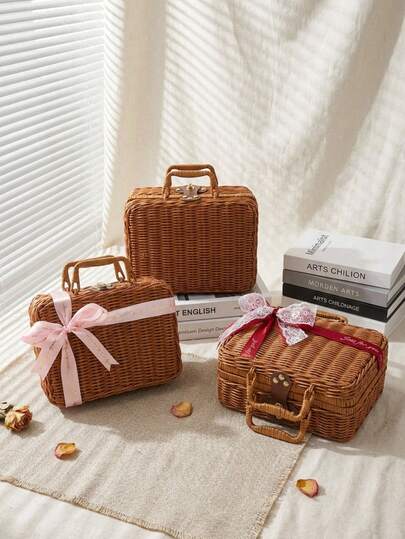 Madebyblanc 1 件装大容量手工复古藤编收纳箱野餐篮旅行整理包天然色男女通用旅行露营户外派对海滩之旅春夏婚礼生日节日复古家居装饰礼品创意乔迁之喜