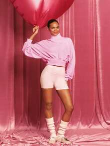 GLOWMODE Modal Soft Warm Curved Bubble Hem Waist Length Oversized Ribbed Cuffs High Neck Pullover Sweatshirt Daily - Pink - View 5