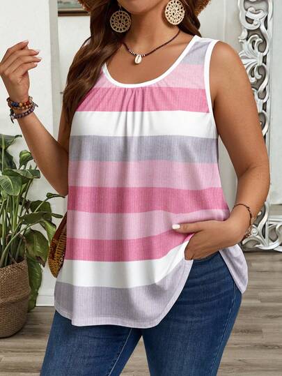 EMERY ROSE Plus Size Women Sleeveless Tank Top Top With Textured Striped Print, Casual Loose Fit Tank Top Summer Tops Plus Size Tank Tops Summer Tops Women Curve Plus Size Sleeveless Tops Summer Casual Tops