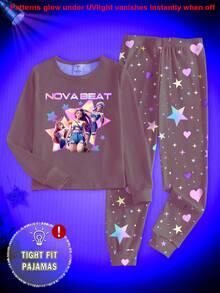 少女夜光睡衣套装，上衣印有女孩团体图案，打底裤印有星星和爱心图案，紧身款式，尺码偏小，建议选大一码。 - 灰色 - 查看 4