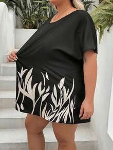 SHEIN CURVE+ Plus Size Women's Vintage Country Leaf Pattern Placement Print Loose Fit Round Neck Raglan Sleeve Blouse, Ladies Summer Clothing - Black - View 10