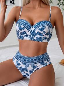 Swim Vcay Biquíni Underwire e Conjunto com Estampa de Posicionamento e Cobertura estilo Quimono para Praia de Verão - Azul e branco - Ver 3