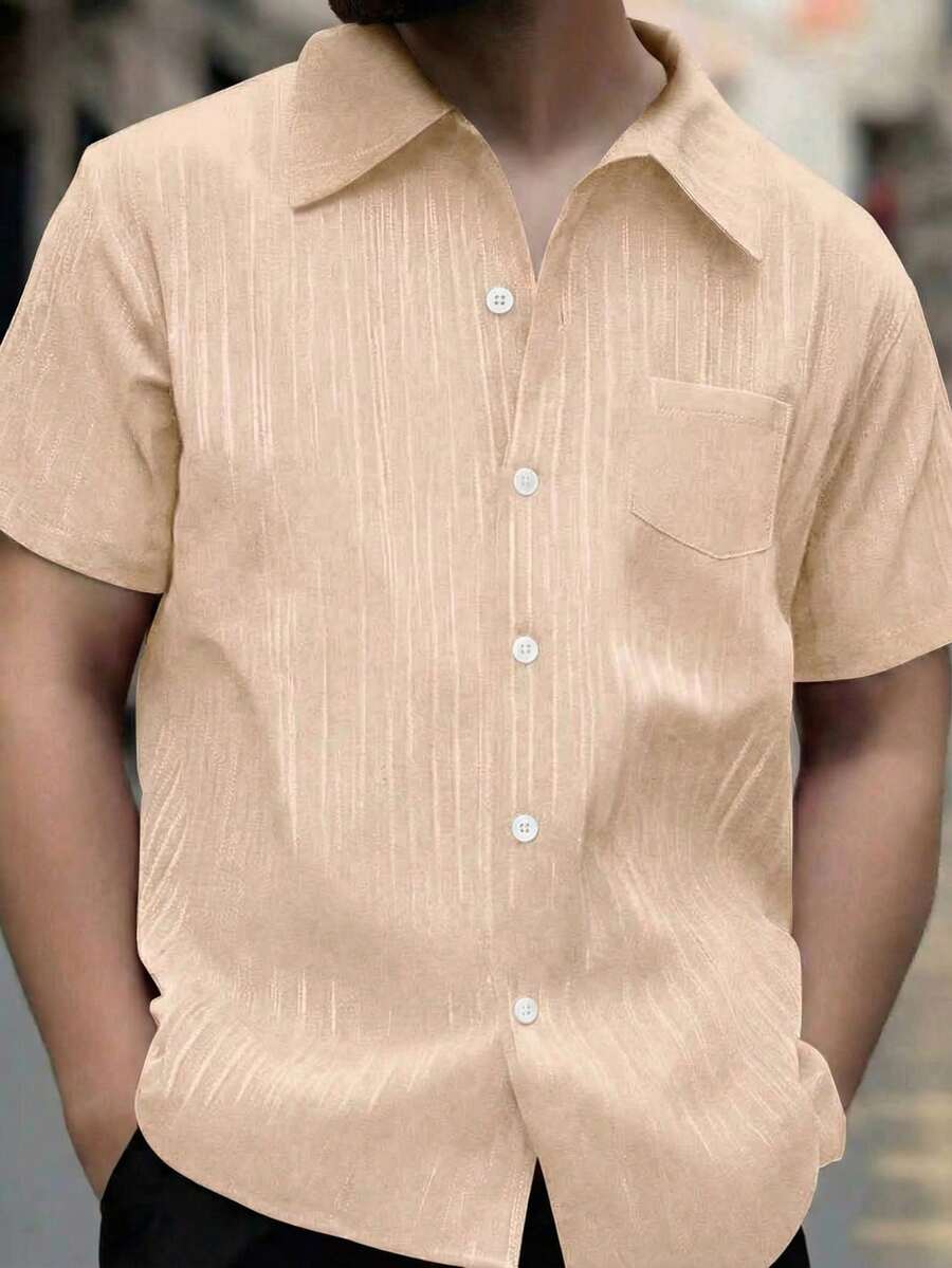 SHEIN Teen Boy Solid Color Short Sleeve Single-Breasted Pocket Shirt - Khaki - View 1
