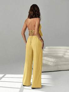 SHEIN EZwear 2pcs Women's Chiffon Casual Vacation Beach Outfit - Vest & Pants Set, Spring/Summer Two Piece Vacation Set Women Summer Two Piece Sets Beach 2 Piece Set Yellow Two Piece Sets Linen Two Piece Set - Yellow - View 2