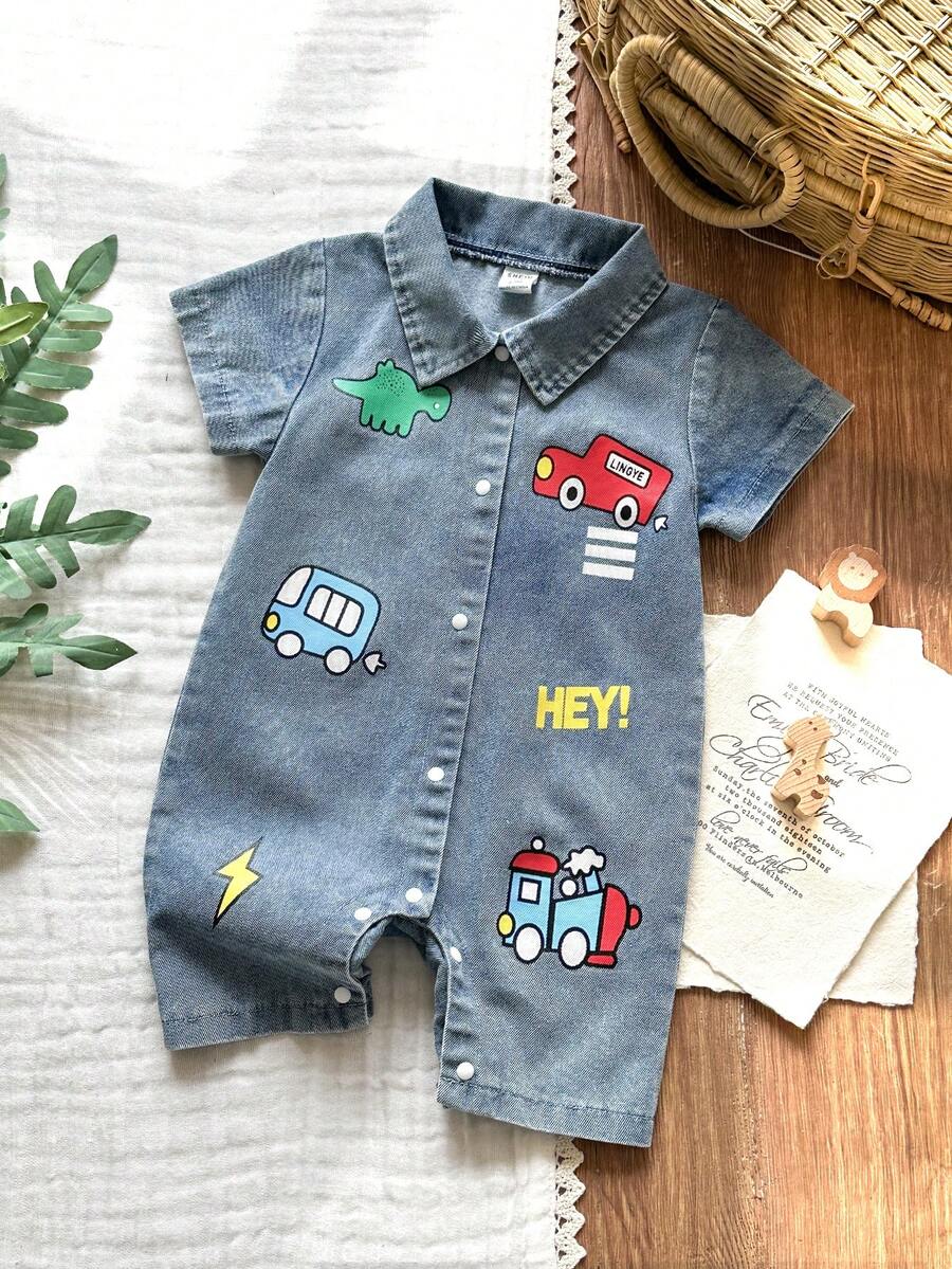 SHEIN Vintaside Kids 男婴卡通汽车恐龙印花短袖连体衣，夏季 - 藍色 - 查看 1