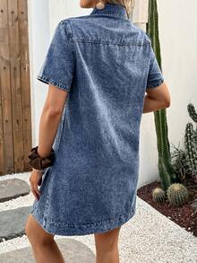 SHEIN 夏季孕妇短袖半拉链休闲牛仔连衣裙 - 藍色 - 查看 2