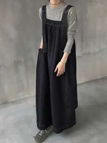 FRIFUL 女士休闲长款牛仔背带裙 - 藍色 - 查看 7